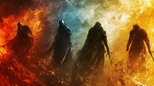 Four armored warriors amid elemental fire gradients.