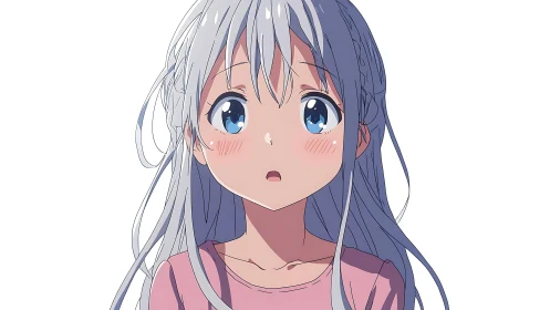 Softly lit anime girl with silver hair and shy expression.