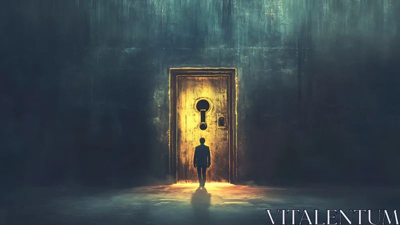 Man stands before glowing keyhole door in dark chamber.