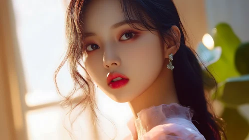 Soft backlit portrait renders smooth skin, shallow depth, warm bokeh