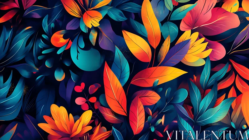 Luminous tropical leaves glow against a deep twilight backdrop