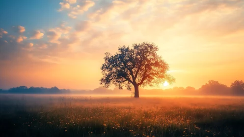 Gentle sunrise tree glowing softly above a misty meadow.