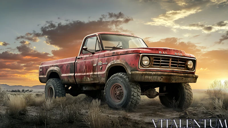 Aged lifted pickup truck in semi-arid landscape at sunset.