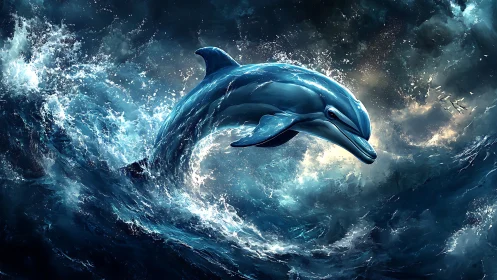 Dolphin surges through stormlit waves in dynamic seascape