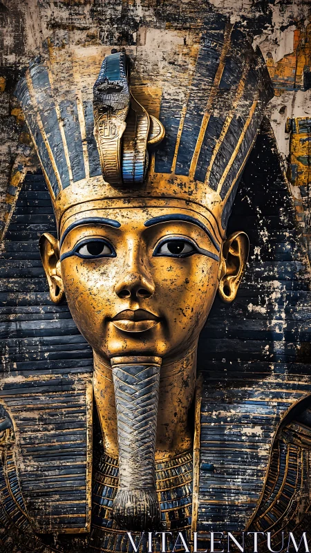 Golden pharaoh mask portrait with weathered patina texture.