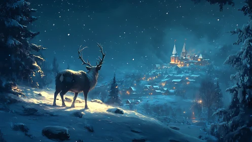 Stag overlooks snow village under midnight winter sky.