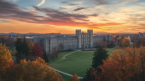 Collegiate Gothic campus building across central autumn lawn.