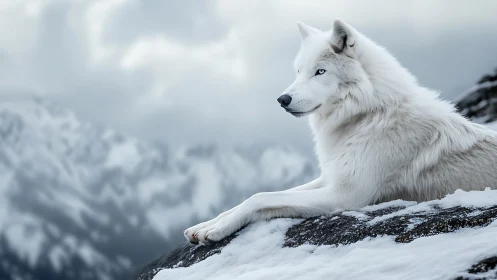 White canine on snowy ridge with distant mountain backdrop.