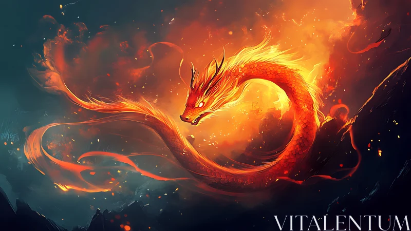 Digital painting of flaming serpentine dragon in motion arc.