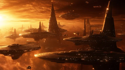 Sunlit sci fi megacity with layered flying starships.
