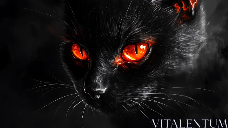 Black feline portrait with luminous orange eyes in shadowed field.