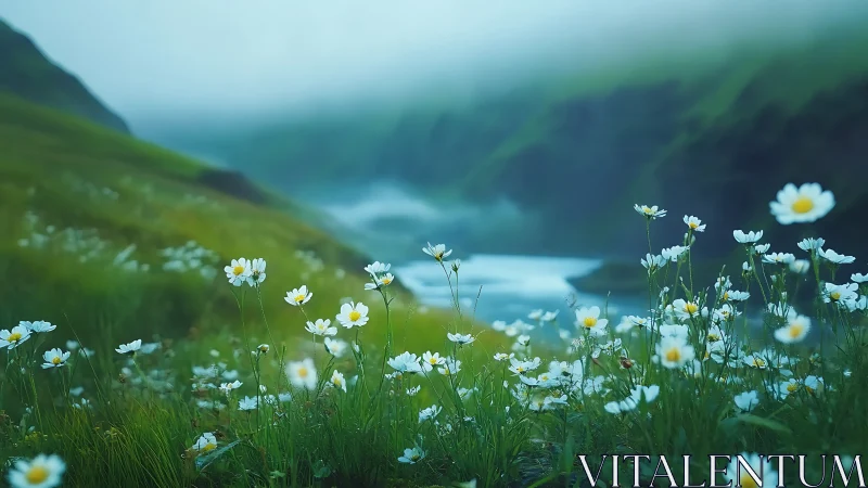 Gentle wildflowers welcome a misty river valley in calm light