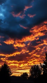 Intense orange sunset sky over dark suburban treetops.