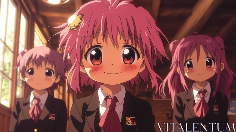 Pink haired schoolgirls in uniform inside wooden classroom.