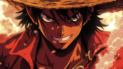 Straw hat anime hero in intense fiery close-up portrait.