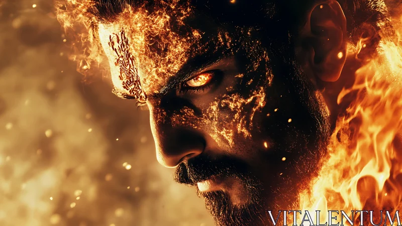 Fiery male face rendered with glowing embers and flames