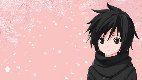 Anime boy in black scarf under pink cherry blossoms.