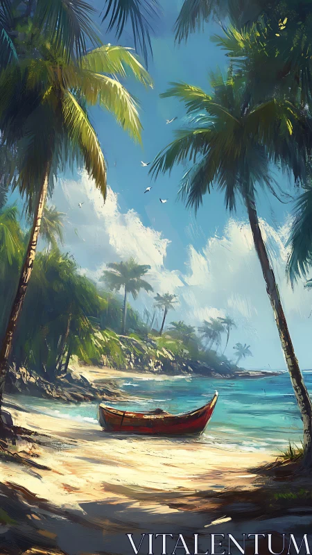 Tropical Paradise: Red Boat Under Swaying Palms.