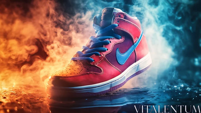 Vibrant red sneaker amid dramatic fire and ice smoke.