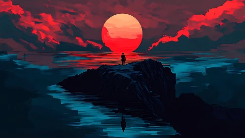 Solitary figure on cliff facing vivid red ocean sunset.