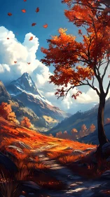 Crimson leaves whirl above a sunlit autumn mountain trail.