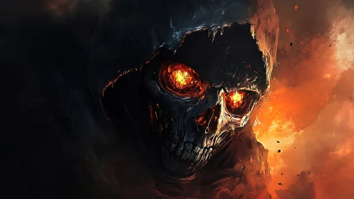 Fiery skull in dark hood emerges from glowing flames