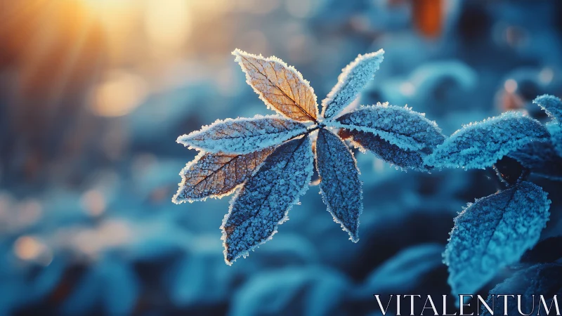 Macro study isolates frost-edged leaves in warm backlight