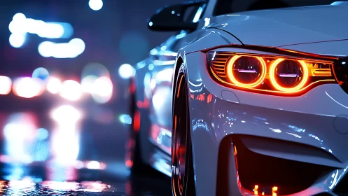 LED halo headlamps on performance coupe in neon urban rainfield.