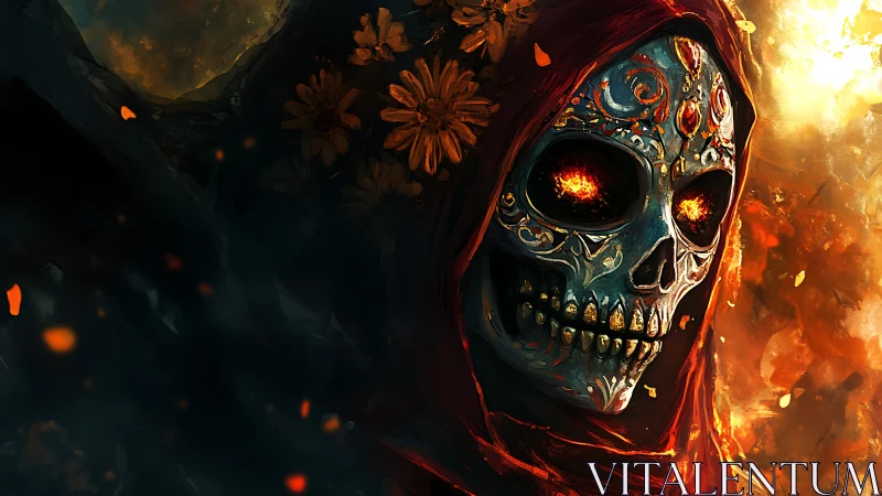 Ember-eyed reaper smiles beneath painted midnight bones