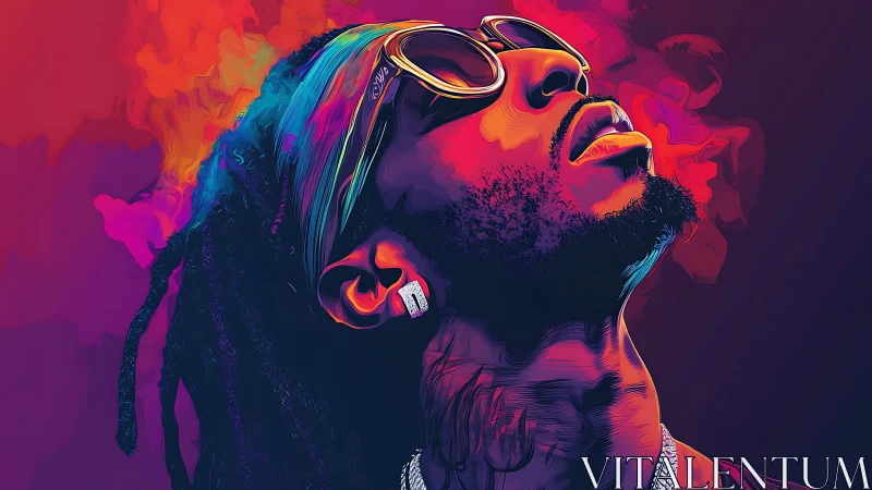 Neon-lit portrait of man in sunglasses with smoke plumes.