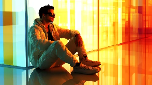 Cool urban dreamer rests in a glowing glass corridor