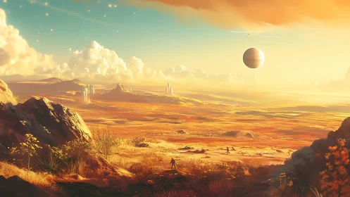 Golden alien valley stretches beneath glowing twin suns