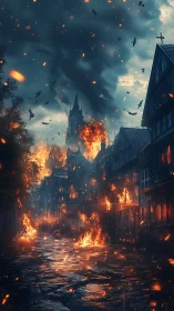 Medieval City Engulfed in Flames and Aerial Combat.