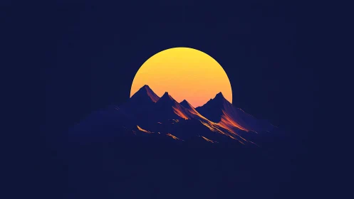 Radiant sun disc silhouettes stylized neon-lit mountain peaks