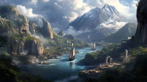 High-fantasy alpine fjord with wind-driven caravels in transit