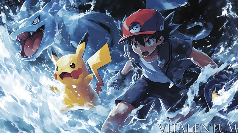 Anime trainer and electric creature in raging ocean battle.