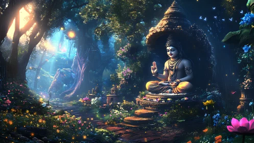 Forest starlight gathers around a serene meditating deity