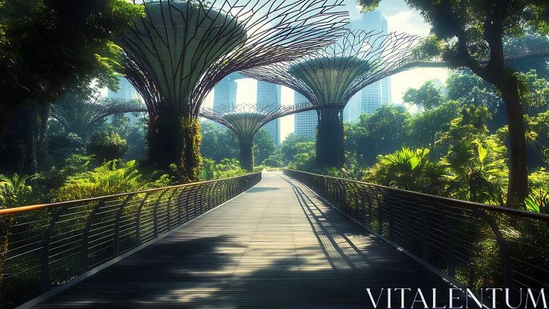 Elevated walkway through futuristic vertical garden structures.