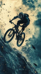 Mountain biker descends steep rocky slope amid flying debris