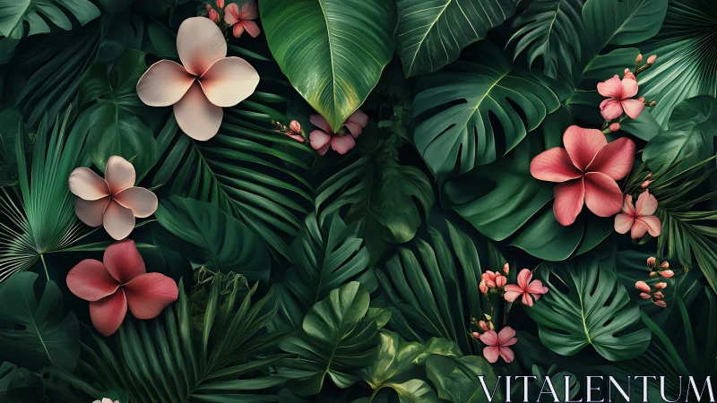 Plumeria blossoms within dense monstera and palm foliage field