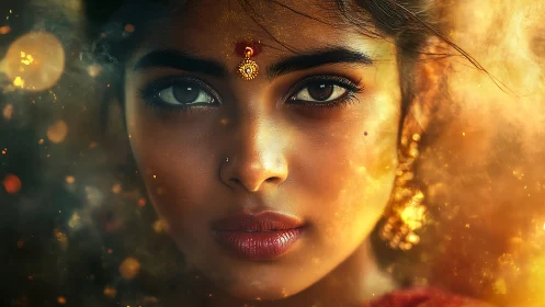 Golden glow surrounds a calm, soulful portrait of a woman