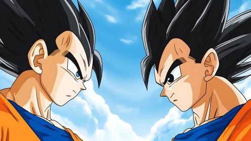 Mirrored anime warriors confront each other under a bright sky