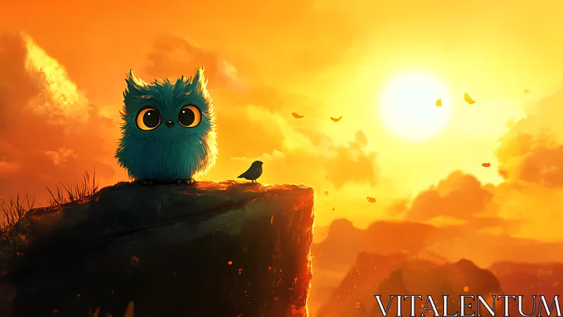 Sunset cliffside fluff-owl watching the glowing sky burn.