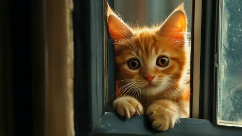 Orange tabby kitten peers through doorway with direct gaze.