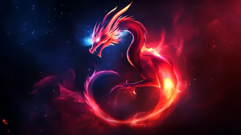 Fiery cosmic dragon coils through nebula in luminous silence