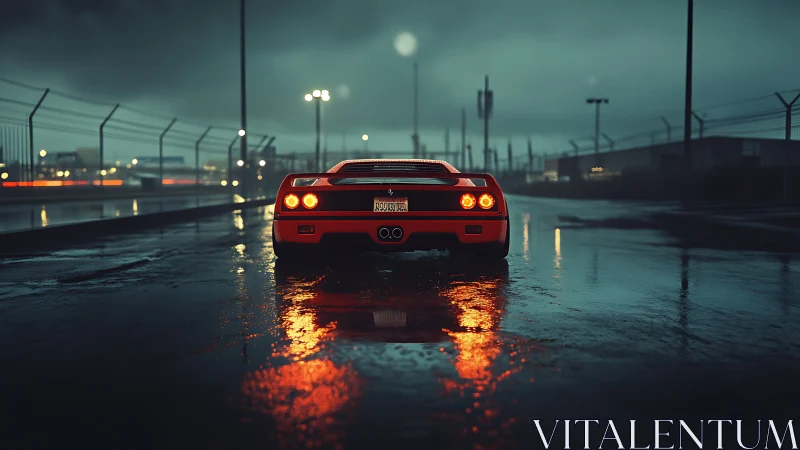Red sports car on wet industrial roadway at dusk.