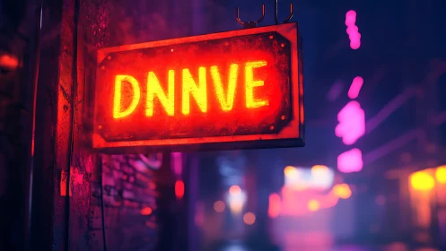 Neon DNNVE sign glowing in a moody urban alley.