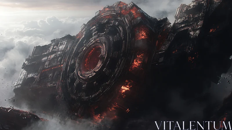 Colossal ringed warship burns slowly through bruised clouds