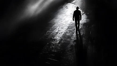 Lone figure walking through dark, wet, high contrast alleyway.