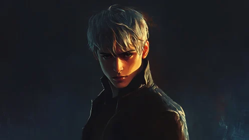 Moody digital portrait of silver haired young man in shadow.